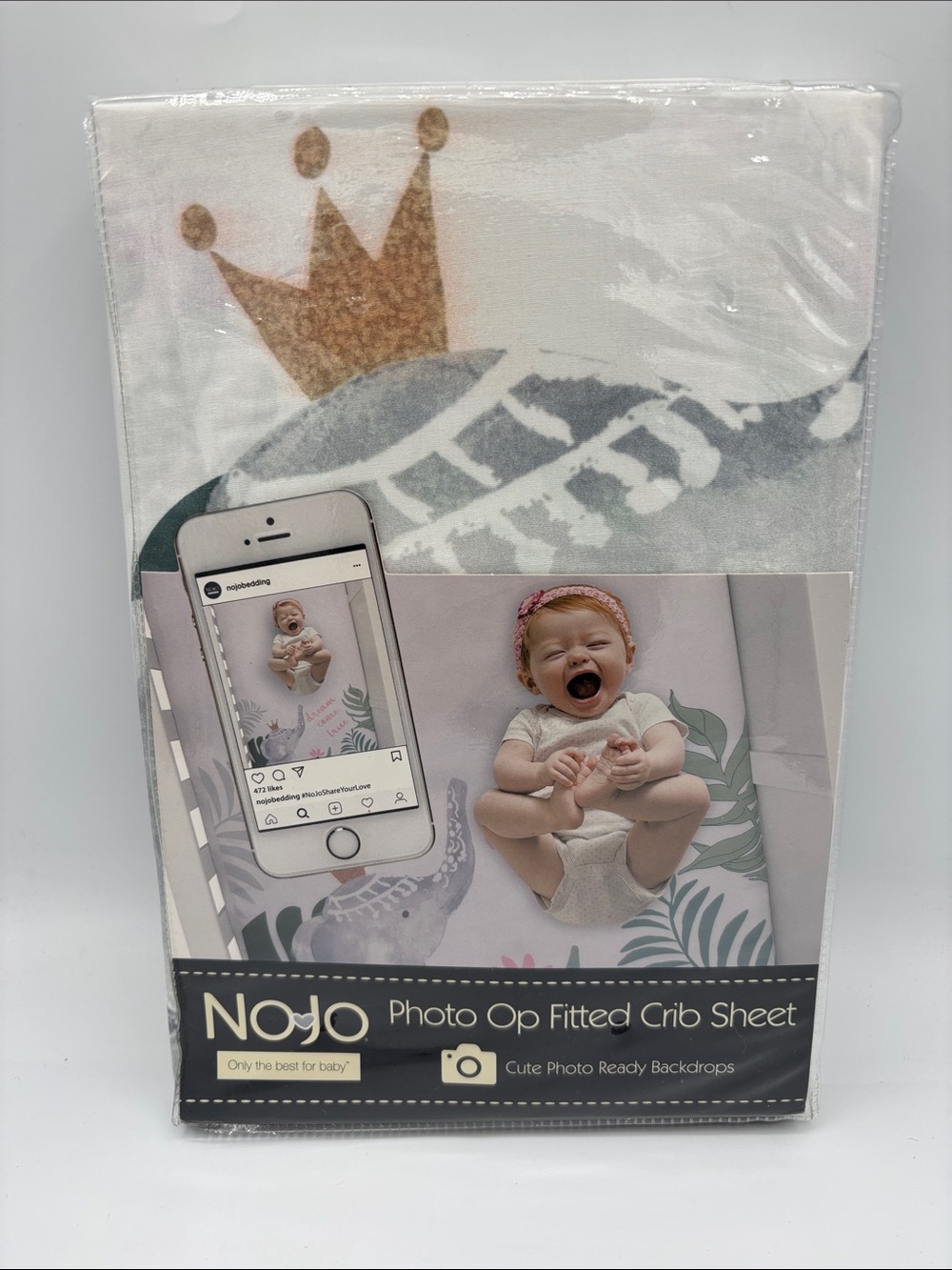 Nono Photo Op Fitted 100% Cotton Crib Sheet - White with Gold Crown Elephant